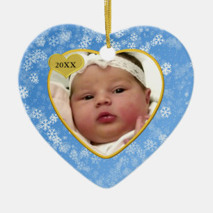 Snowy Soft Blue Babys First Christmas Photo Heart Ceramic Ornament