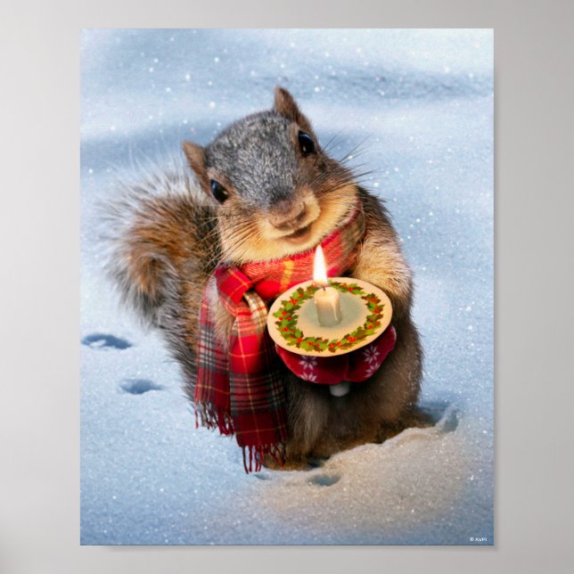 Snowy Squirrel Holding Candle Poster (Front)