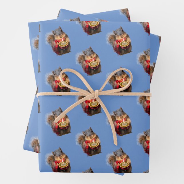 Snowy Squirrel Holding Candle Wrapping Paper Sheet (In situ)