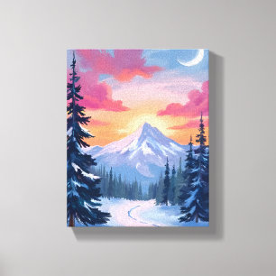Snowy Summit Sunset   Winter Landscape Painting Canvas Print