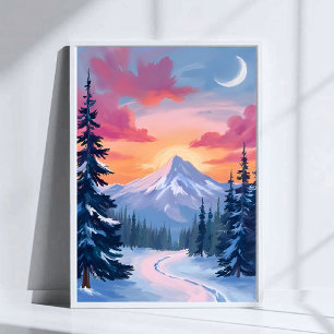 Snowy Summit Sunset   Winter Landscape Painting Poster