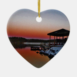 Snowy Sunset at Lake Arrowhead dock Ceramic Ornament