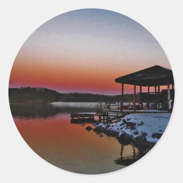 Snowy Sunset at Lake Arrowhead dock Classic Round Sticker (Front)