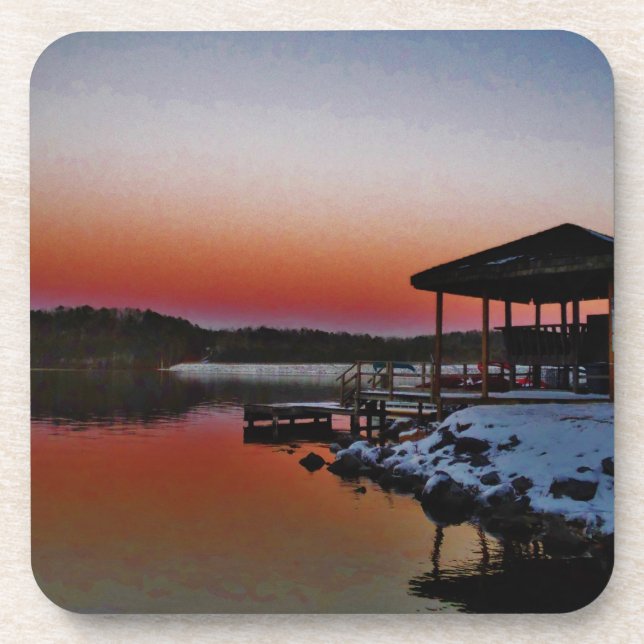 Snowy Sunset at Lake Arrowhead dock Coaster (Front)
