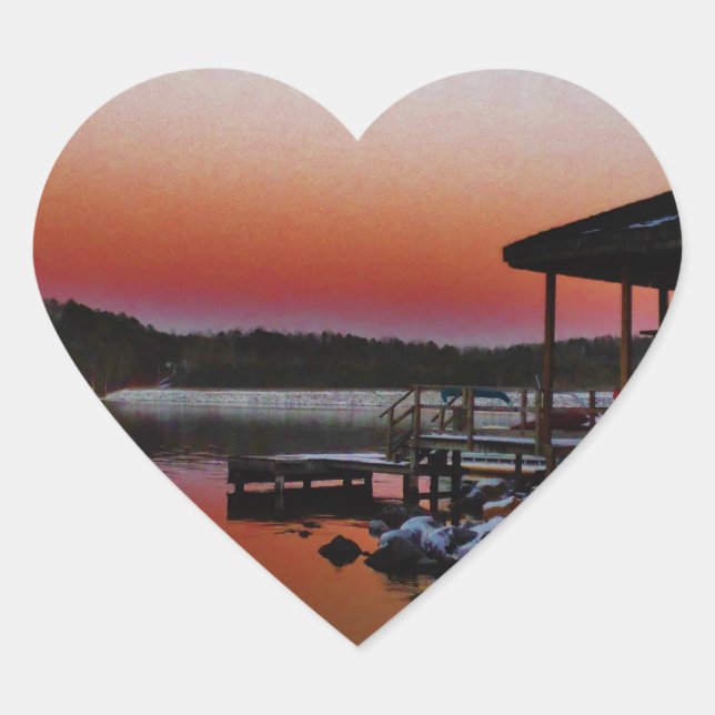 Snowy Sunset at Lake Arrowhead dock Heart Sticker (Front)