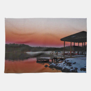 Snowy Sunset at Lake Arrowhead dock Kitchen Towel