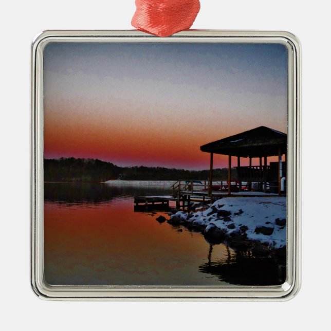 Snowy Sunset at Lake Arrowhead dock Metal Ornament (Front)