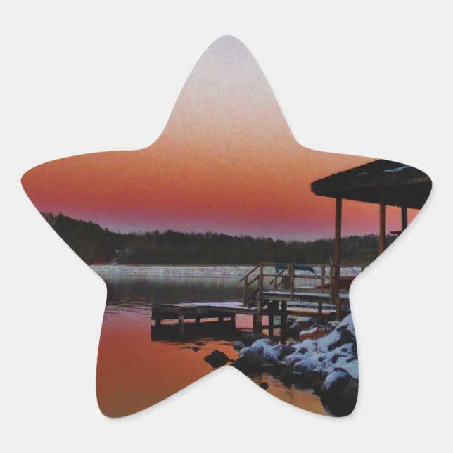 Snowy Sunset at Lake Arrowhead dock Star Sticker (Front)