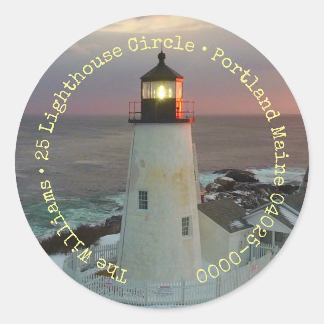 Snowy Sunset Lighthouse Return Address Classic Round Sticker (Front)