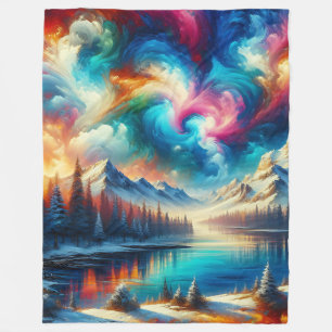 “Snowy Tie-Dye Landscape - Vibrant Winter Art” Fleece Blanket