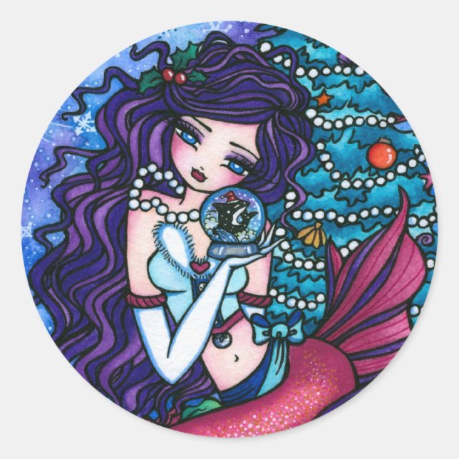 Snowy Treasures Christmas Fantasy Mermaid Orca Classic Round Sticker (Front)