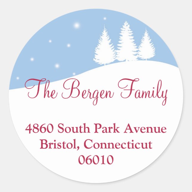 Snowy tree blue Christmas holiday address label (Front)