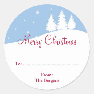 Snowy tree blue custom Christmas holiday gift tag