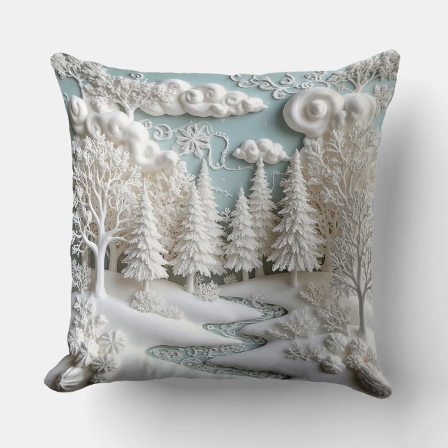 Snowy Trees and Frosty Patterns Throw Pillow (Front)