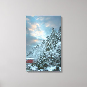 Snowy Trees over Covered Bridge Landscape Canvas Print