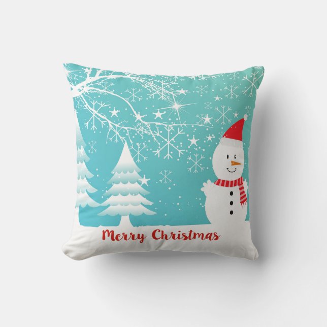 Snowy Trees Snowman And Snowflakes Throw Pillow (Front)
