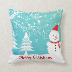 Snowy Trees Snowman And Snowflakes Throw Pillow