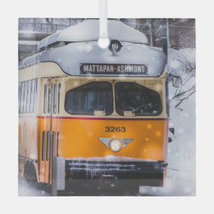 Snowy Trolley Ride glass ornament
