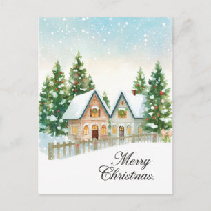 Snowy Twin Cottages Watercolor Greeting Holiday Postcard