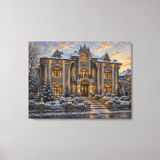 Snowy Victorian Mansion Oil Painting Canvas Print