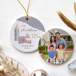 Snowy Village | First Christmas in Our New Home Ceramic Ornament<br><div class="desc">Celebrate your first Christmas in your new home with this beautiful custom holiday ornament featuring a sweet snowy village illustration in soft pastel tones. "First Christmas in Our New Home" appears in grey lettering, with the year inscribed on one of the village houses. Personalize with your family name, and add...</div>