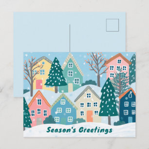 Snowy Village Illustration Cute Season's Greetings Holiday Postcard