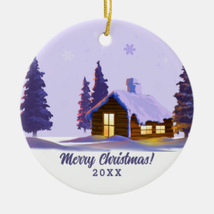 Snowy Village Painting Custom Year Christmas  Ceramic Ornament