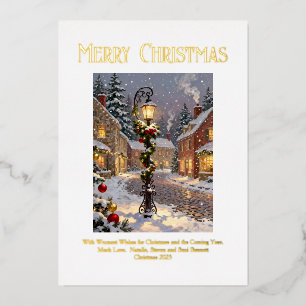 Snowy Village Scene with Lamppost Foil Holiday Card