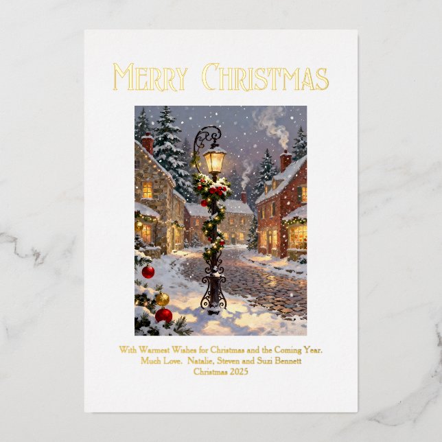 Snowy Village Scene with Lamppost Foil Holiday Card (Front)
