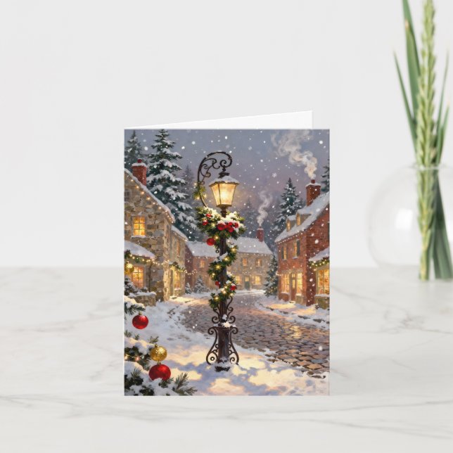 Snowy Village Scene with Lamppost  Holiday Card (Front)