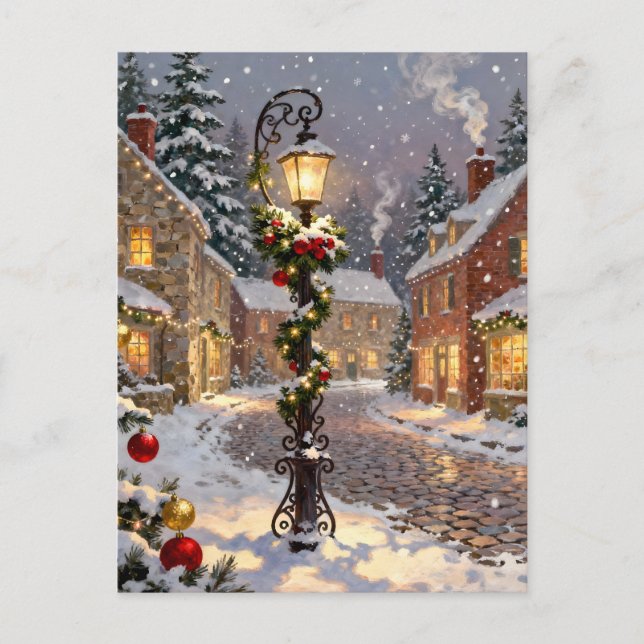 Snowy Village Scene with Lamppost  Holiday Postcard (Front)