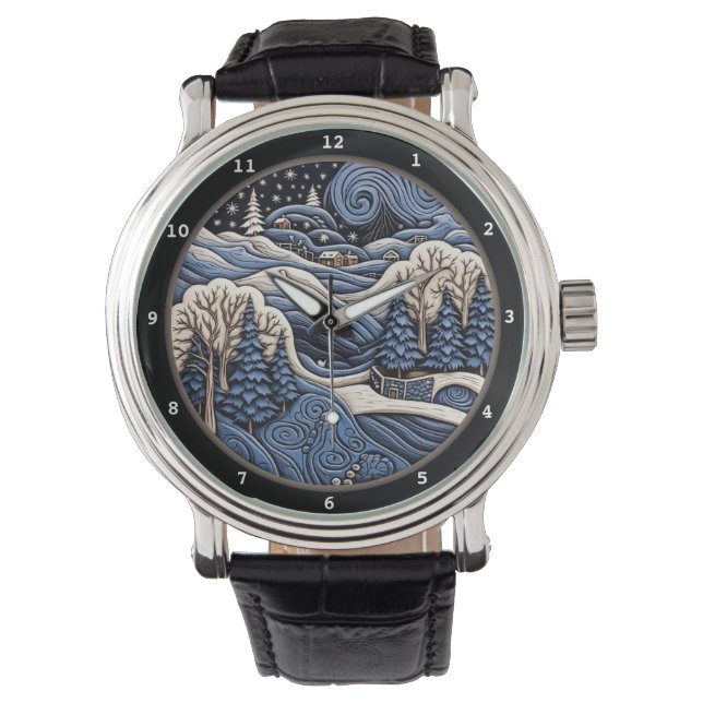 Snowy Village Scene with Winter Trees Watch (Front)