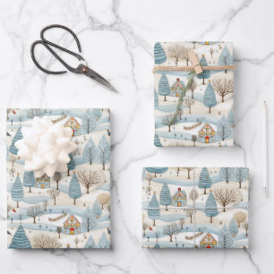 Snowy Village Scene Wrapping Paper Sheet