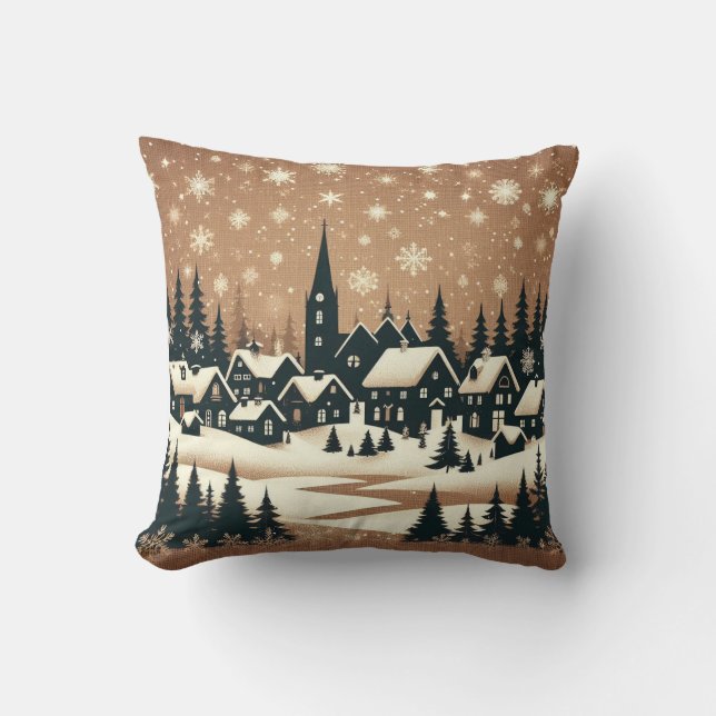 Snowy Village Silhouette  Throw Pillow (Front)
