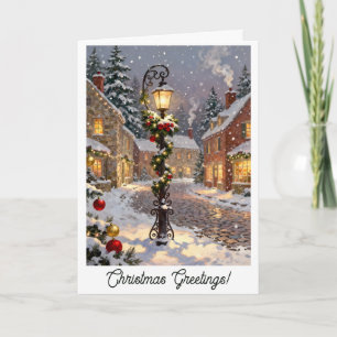 Snowy Village Street with Decorated Lamp Post Holiday Card