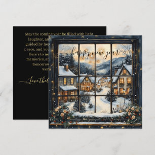 Snowy Village Window Scene with New Year Greeting Holiday Card