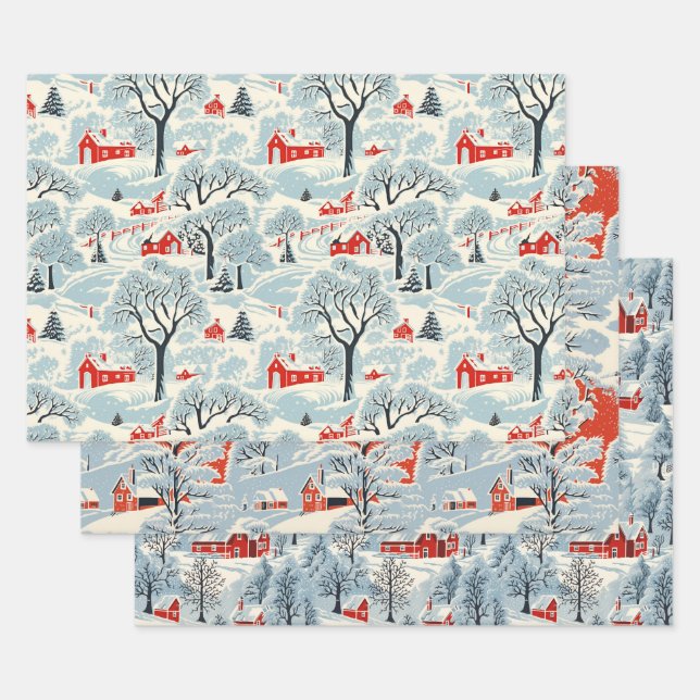 Snowy Vintage Landscape Wrapping Paper Sheet (Set)