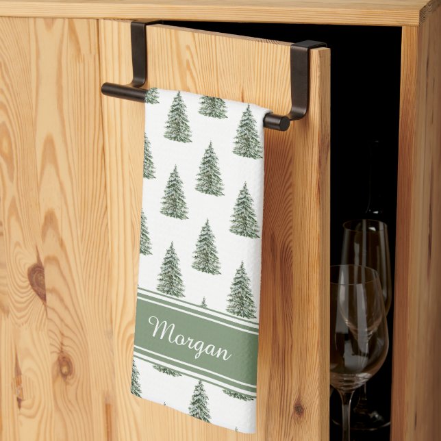 Snowy Watercolor Christmas Tree Pattern Kitchen Towel (Thirds Fold)