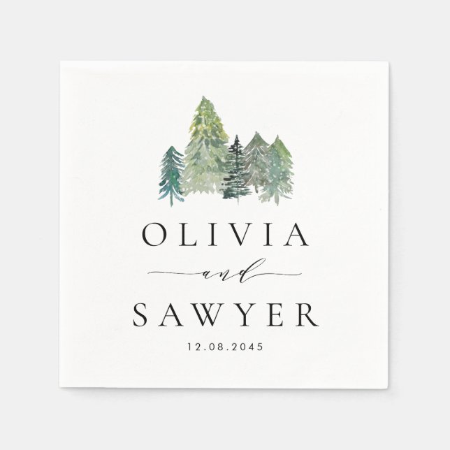 Snowy Watercolor Evergreen Forest Wedding Party Napkin (Front)