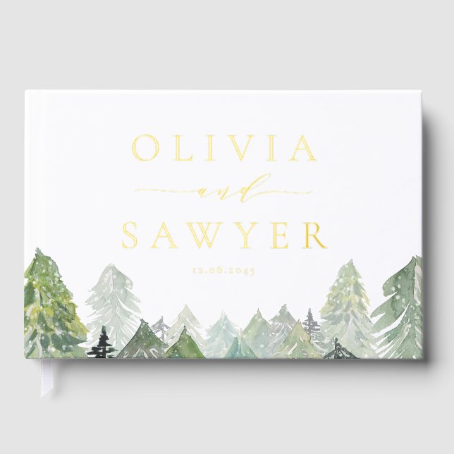 Snowy Watercolor Evergreen Forest Winter Wedding Guest Book (Front)