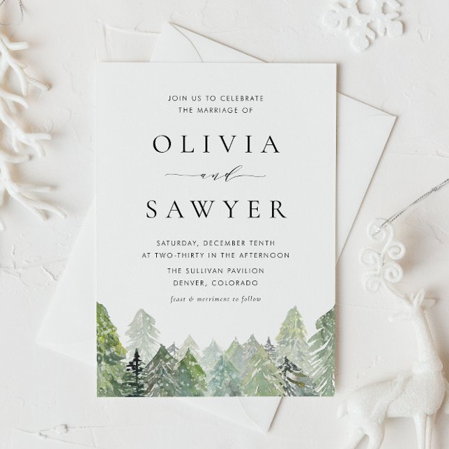 Snowy Watercolor Evergreen Winter Wedding QR Code Invitation (QR code winter wedding invitation featuring watercolor evergreens and falling snow.)