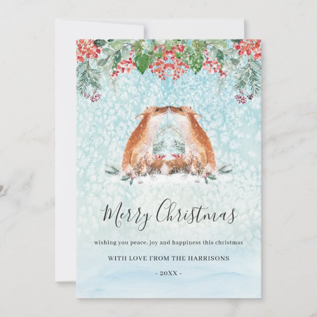 Snowy Watercolor Pine Tree Winter Animals Holiday Card (Front)