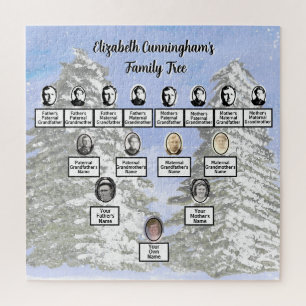 Snowy Watercolor Pine Trees Oval Family Photos Jigsaw Puzzle