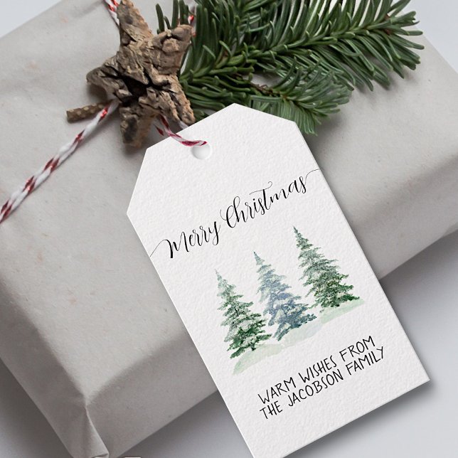 Snowy Watercolor Pine Trees Rustic Merry Christmas Gift Tags (In Situ Christmas Gift)