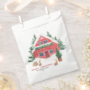 Snowy Watercolor Red Cottage Woodland Christmas Favour Bag