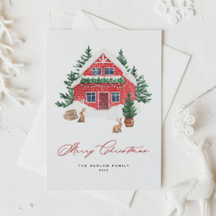 Snowy Watercolor Red Cottage Woodland Christmas Holiday Postcard