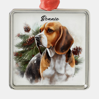 SNOWY WATERCOLOR TRI-COLORED BEAGLE DOG METAL ORNAMENT