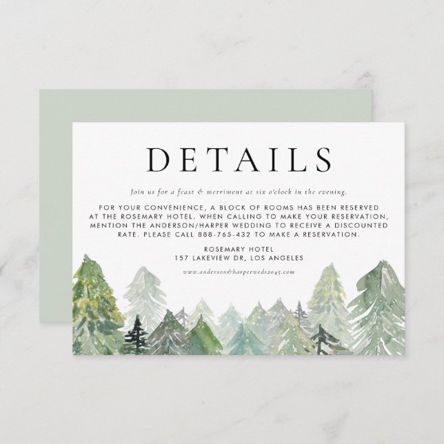Snowy Watercolor Winter Evergreen Forest Details Enclosure Card (Front/Back)