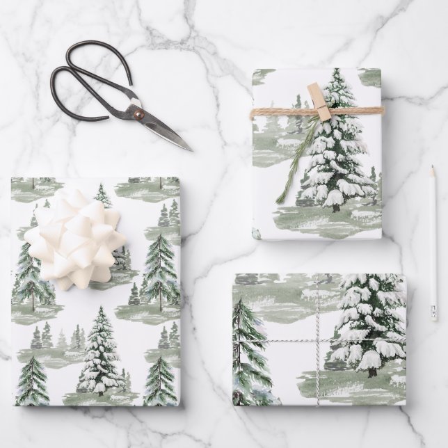 Snowy Watercolor Winter Woodland Trees Wrapping Paper Sheet (Front)