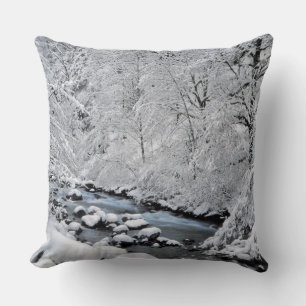 Snowy white creek scenic, Oregon Throw Pillow
